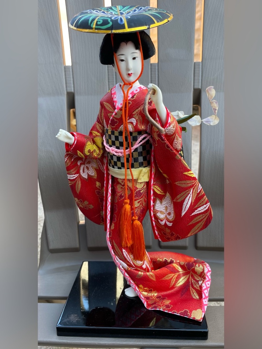 Wisteria Maiden Japanese Red Silk Geisha Doll with Black Checkered Obi